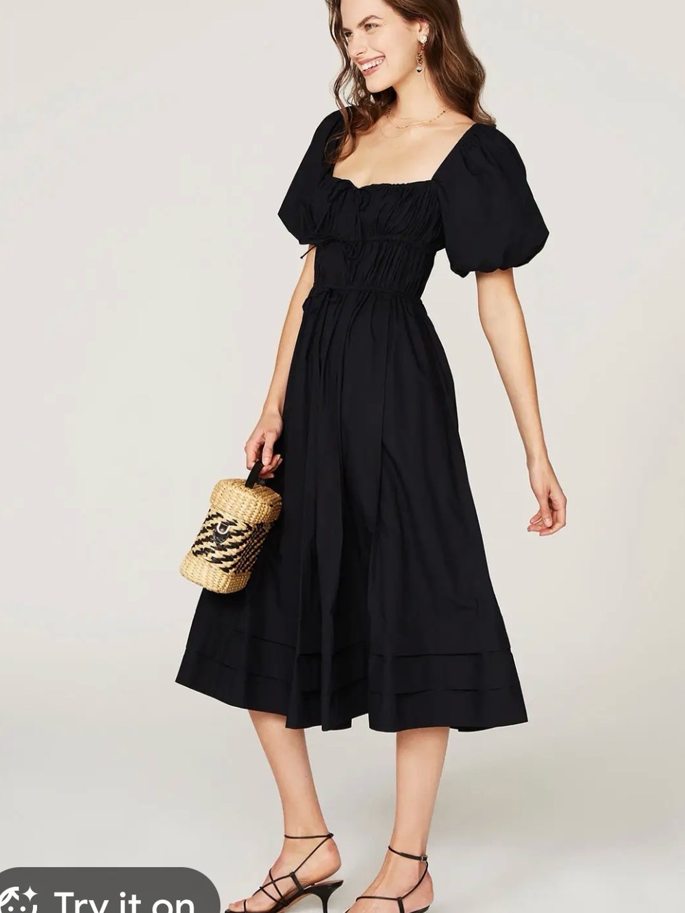Quiet Luxury Style Ulla Johnson Black Eyelet Pretty Midi Dress with Puff Sleeves